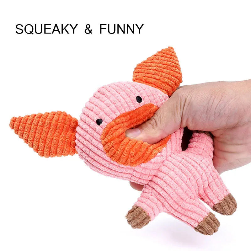 Animal-shaped plush dog chew toy with squeaker, available in multiple colours.