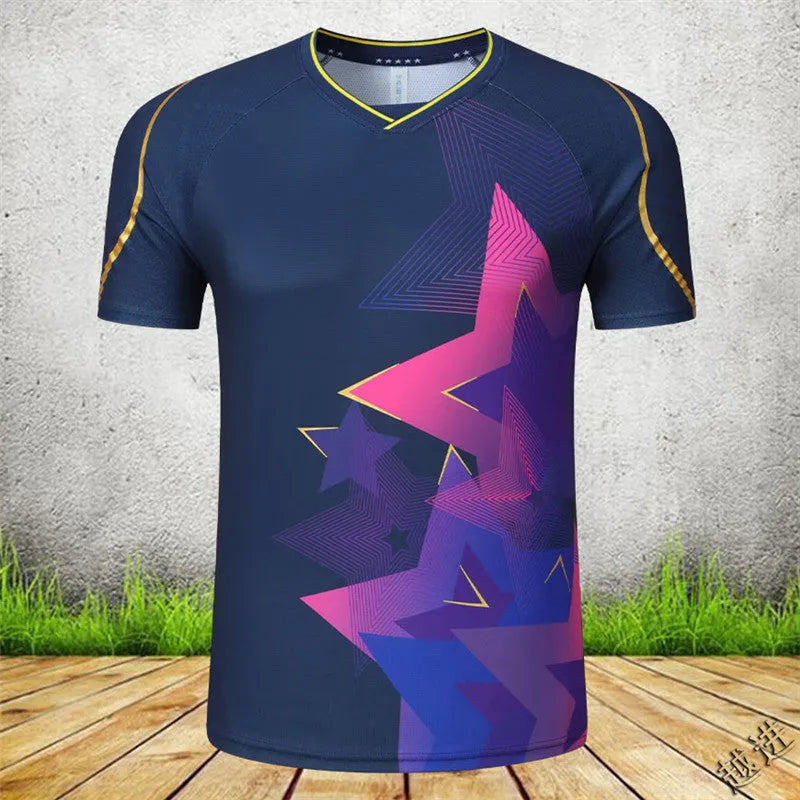 Men's and women's badminton competition sportswear set with short-sleeved polyester jacket and matching trousers.