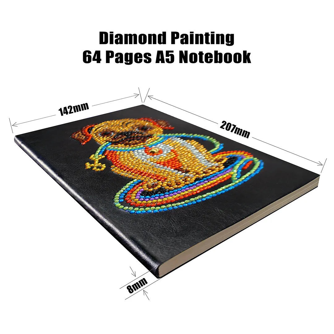 Black A5 DIY diamond painting notebook with blank pages, shown closed and open.