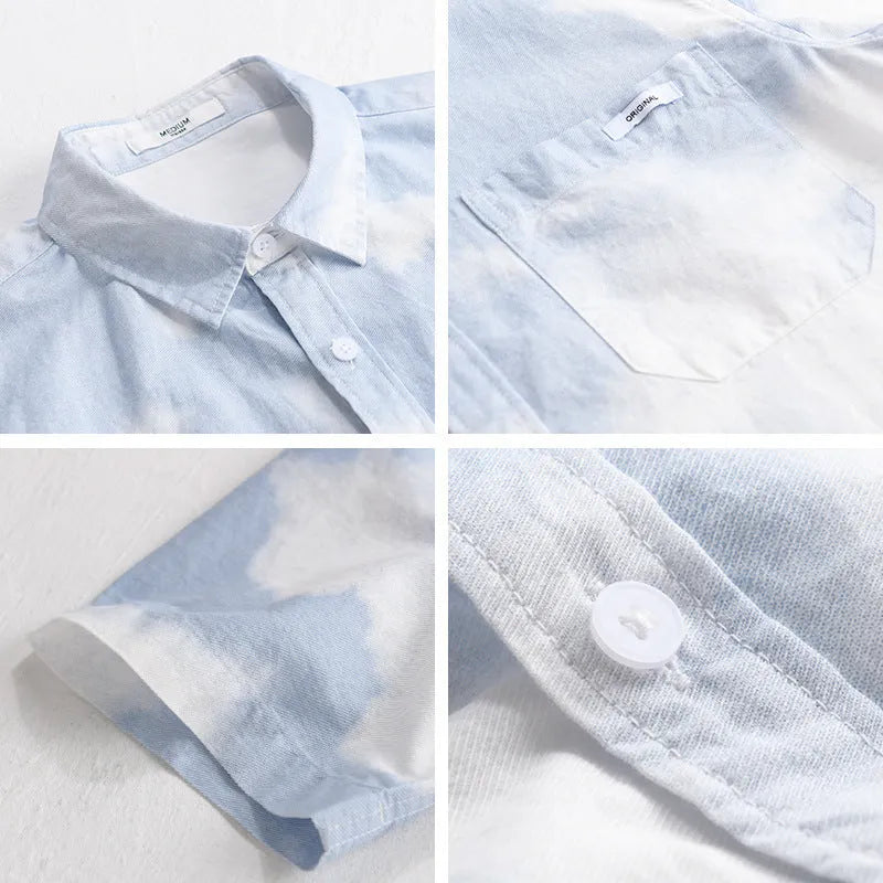Men's light pink pure cotton loose short-sleeved cardigan-style shirt on a hanger.