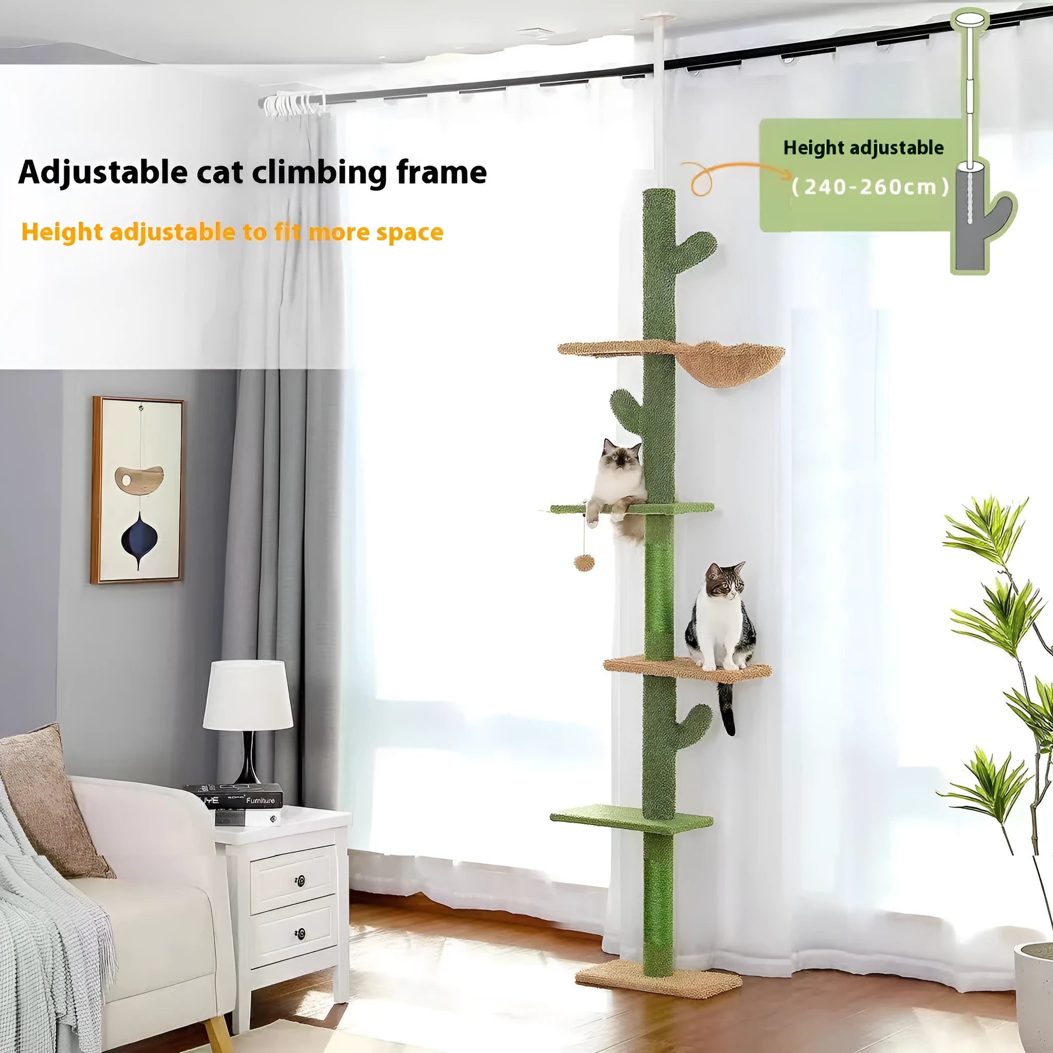 Solid wood cat climbing frame with integrated scratch board and cactus cat nest, dimensions 40x25x240cm