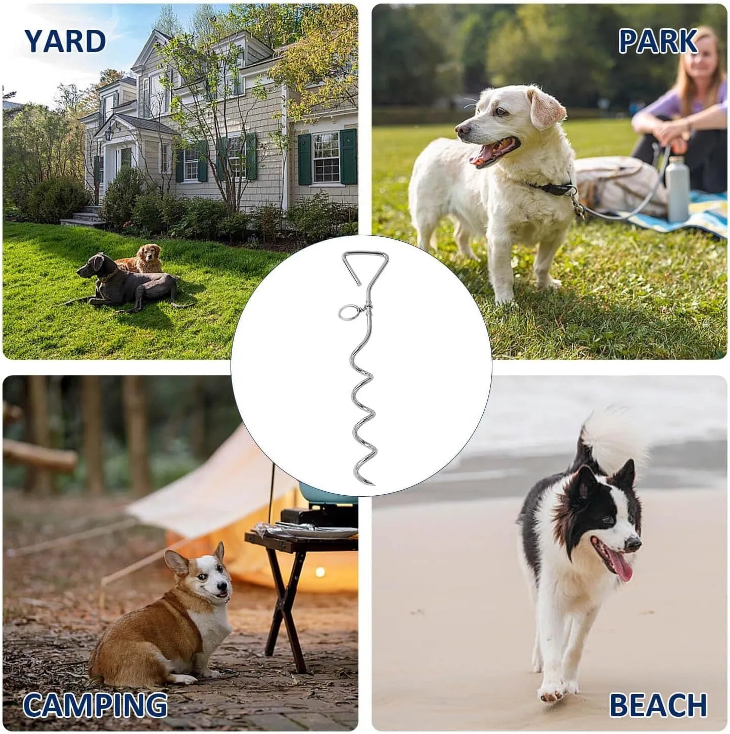 Spiral dog tie out stake anchor with rust-resistant steel construction measuring 40cm length