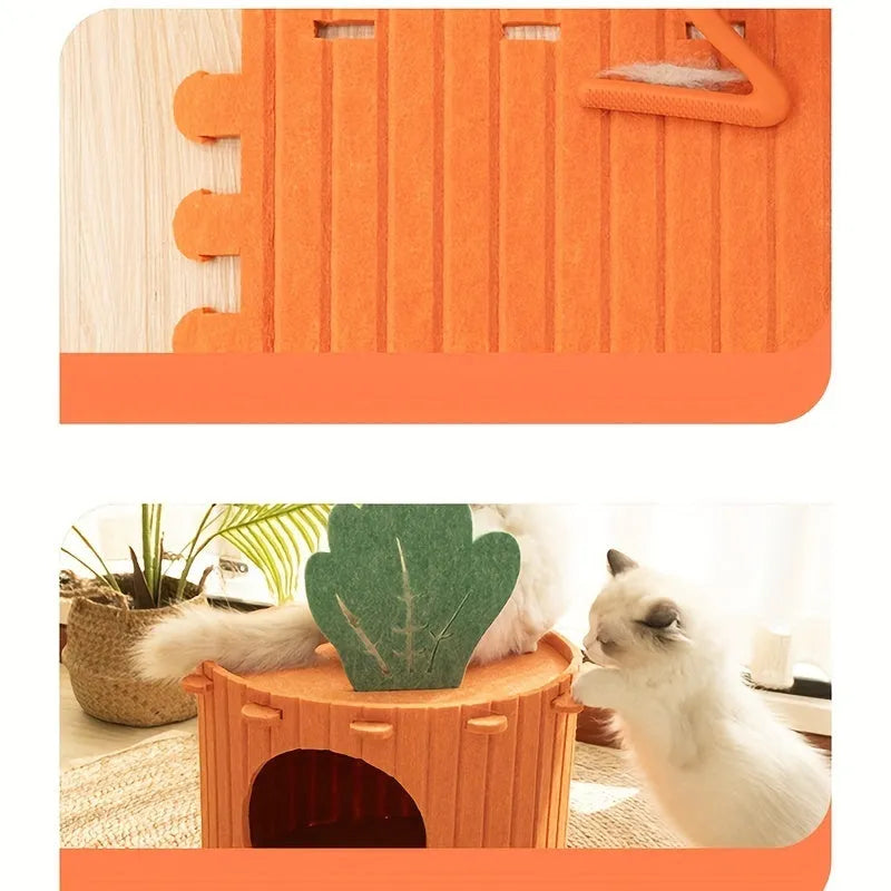 Grey felt cat tunnel with a semi-enclosed drilled design, shown in medium and large size options.