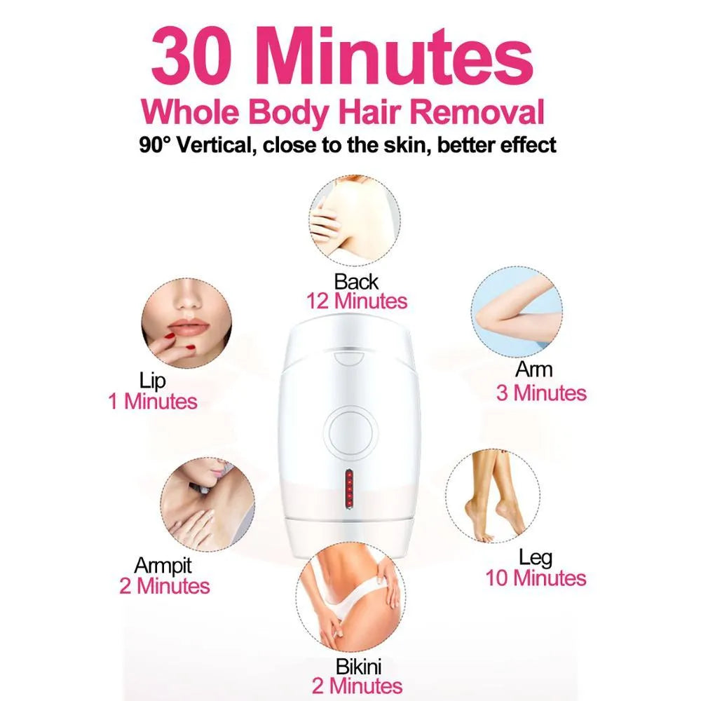White home laser hair removal device with digital display and compact handheld design on a plain background.