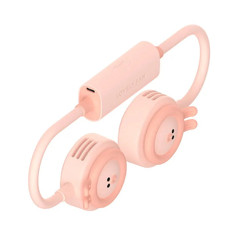 Pink and blue Sanhuo leafless hanging neck fan folded and unfolded showing USB port.