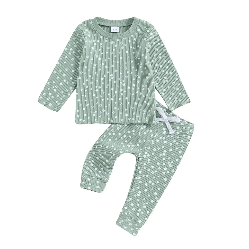 Baby two-piece outfit with long sleeve top and trousers, letter pattern, polyester, purple green pink, 0-6M to 2-3T