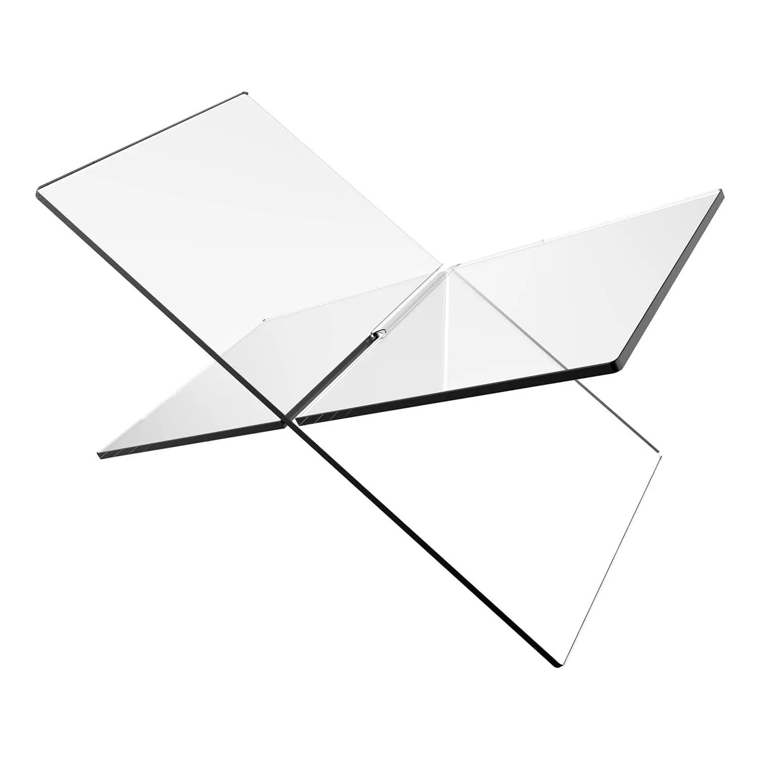 Clear acrylic X-shaped book display rack holding a book on a desktop