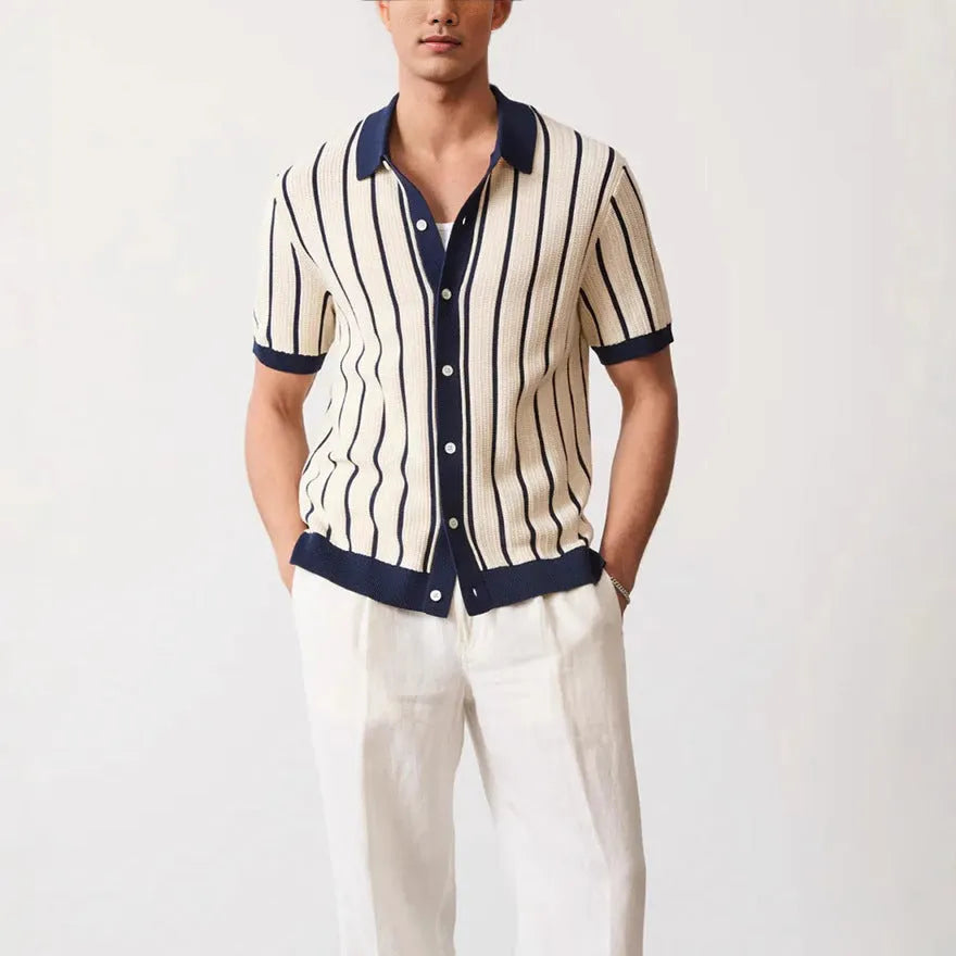 Men's white short sleeve knitted top with asymmetrical lapel design