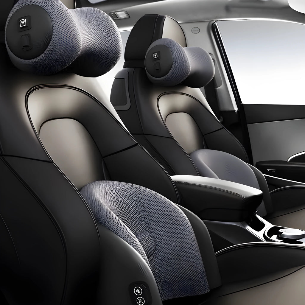 Car seat massage cushion with memory cotton filling in classic black, mocha brown and space grey colour options