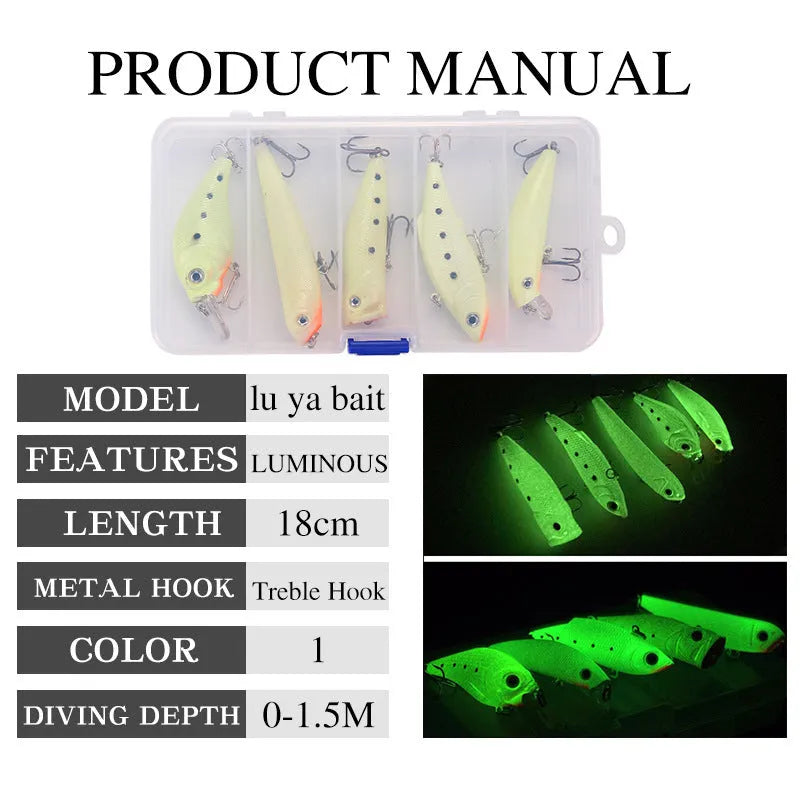 Set of five hard body fishing lures with fluorescent patterns and luminous glow for low-light fishing conditions