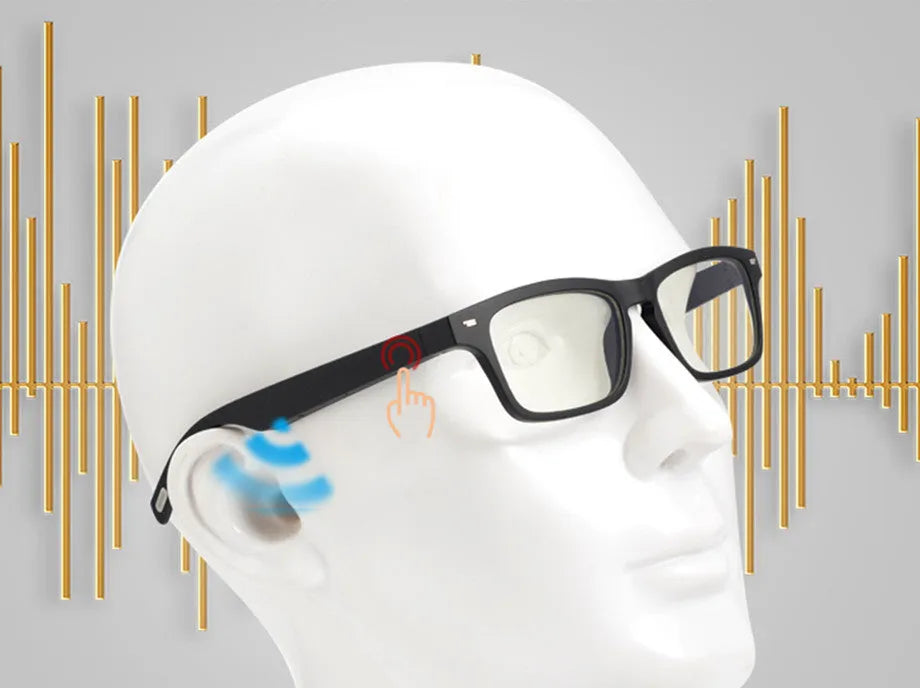Smart glasses with Bluetooth audio and semi-open ear design, featuring polarised anti-blue light lenses