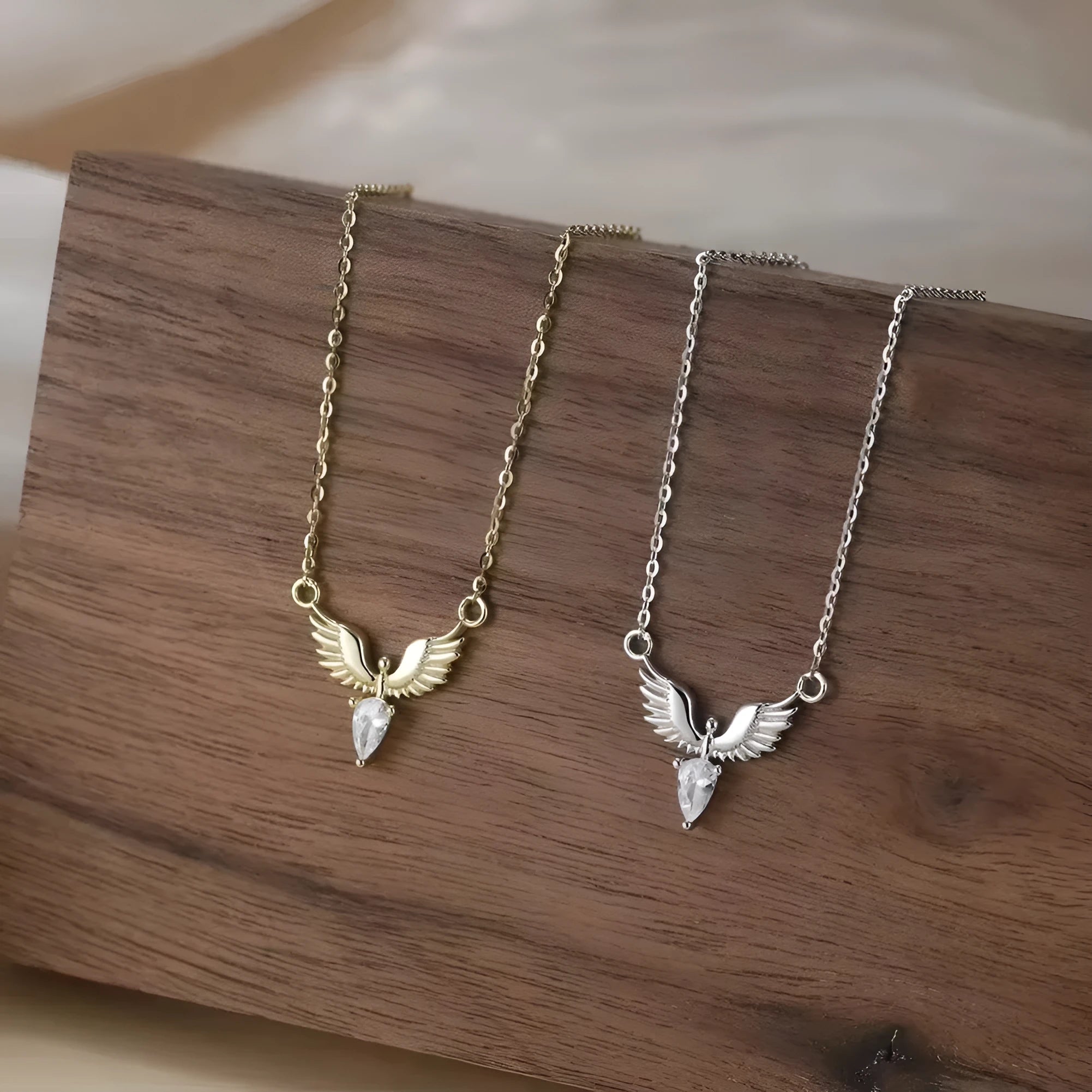 Sterling silver eagle pendant necklace with O-ring chain in white gold or yellow gold electroplated finish
