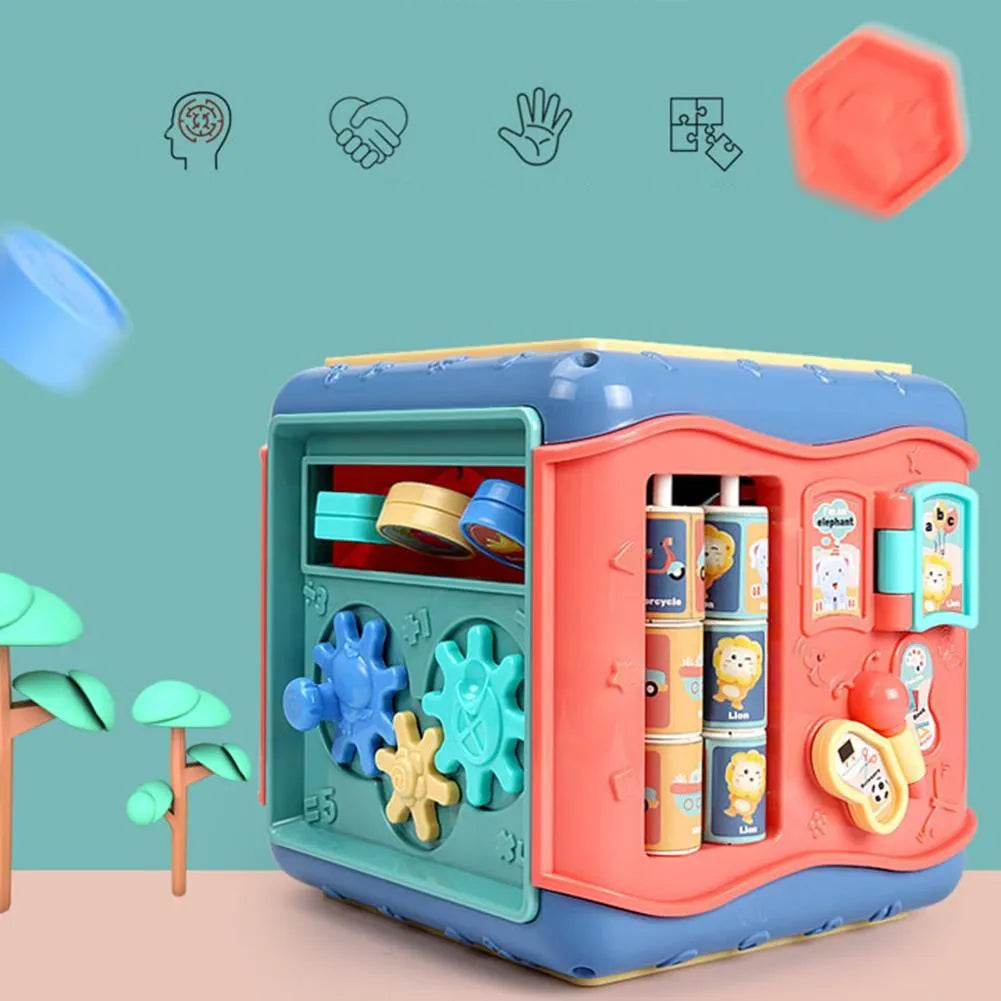 Six-sided baby educational toy cube showing multiple activity faces including bead maze and gear connections