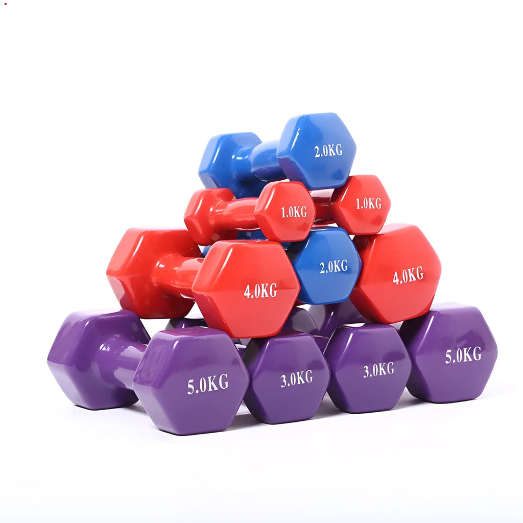 Bright colourful plastic dumbbells for home fitness workouts with glossy floor-protecting surface