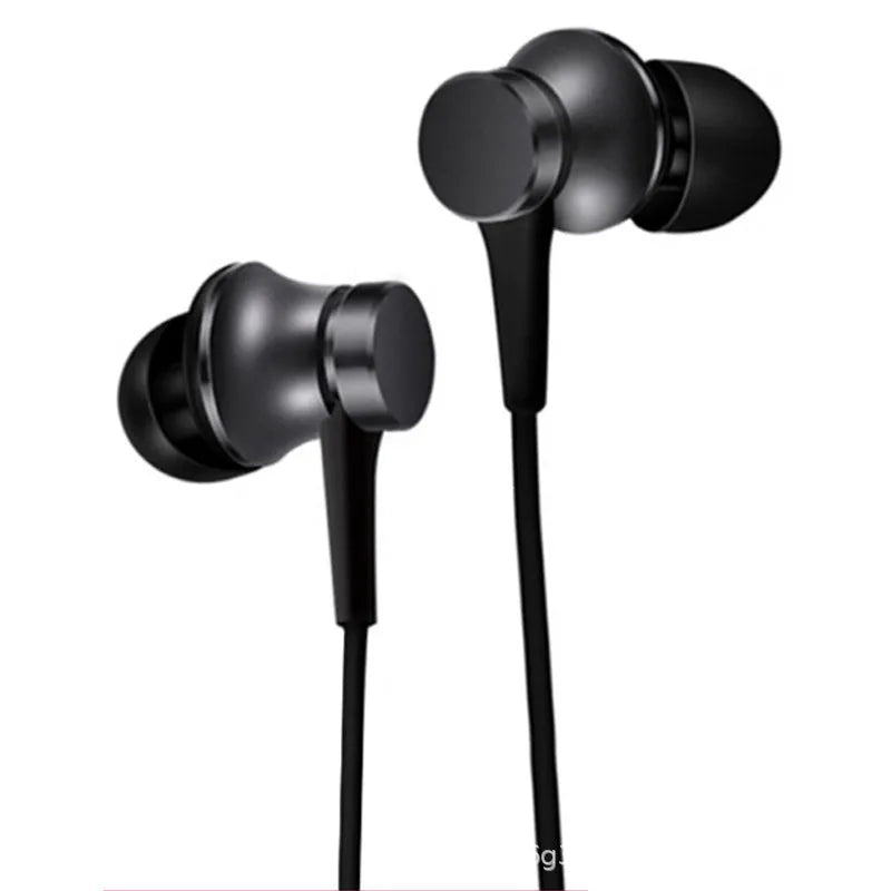 Piston-style wired in-ear headphones with a 3.5mm plug, shown in black, blue and red colour options.