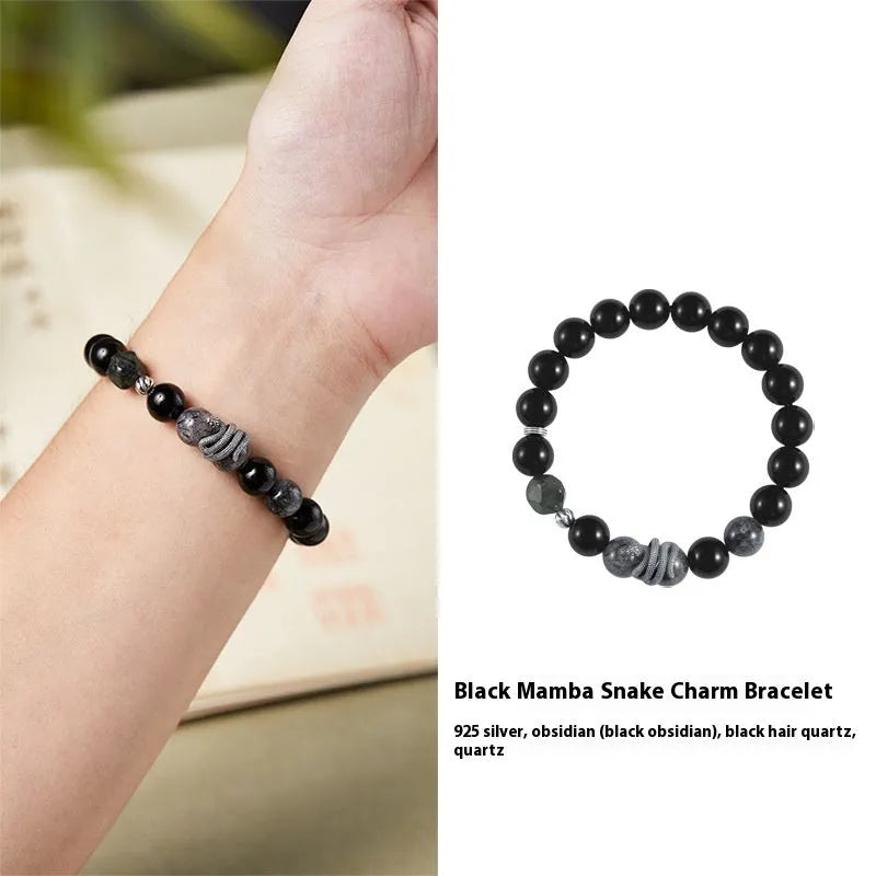 Men's black S925 sterling silver bracelet with 10mm obsidian crystal and detailed snake zodiac design