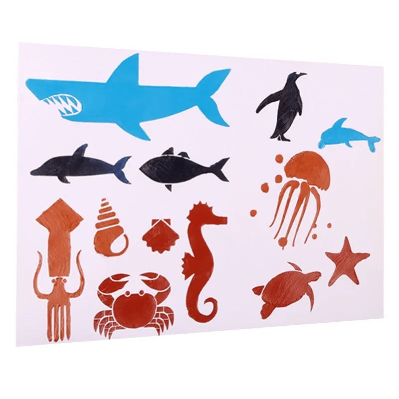 White plastic drawing stencil template for tracing animals, shapes, and vehicle patterns