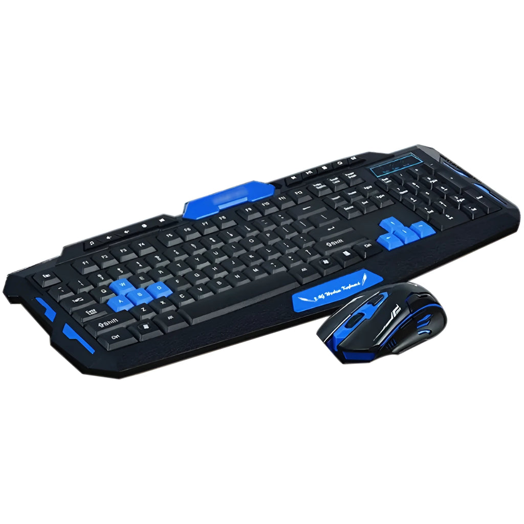 Black and blue wireless keyboard and mouse set with USB receiver on a desk.