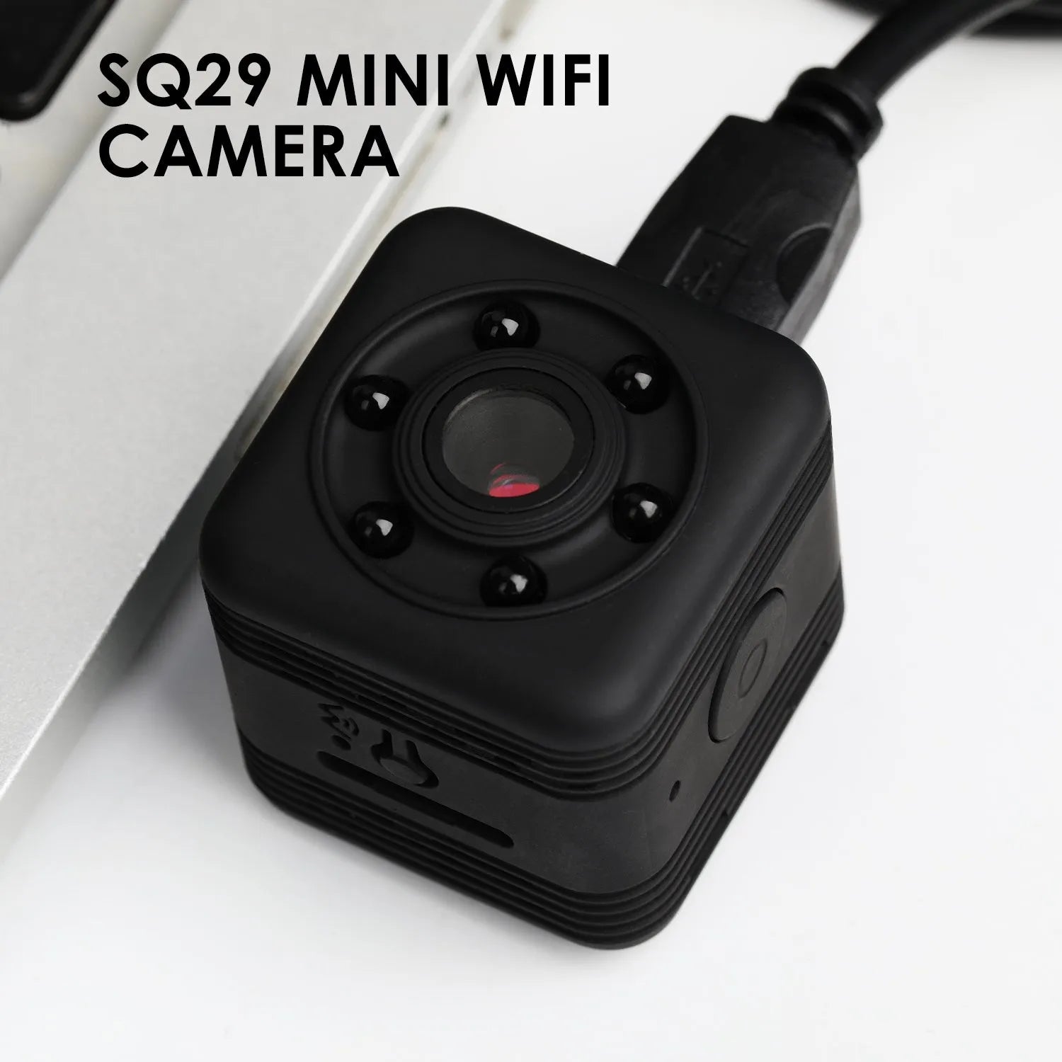 Black waterproof sports camera with MicroUSB port, for long-duration outdoor filming.