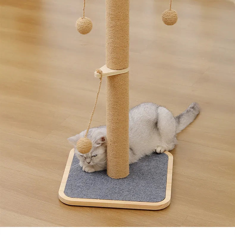 Windmill design cat climbing frame with hanging ball toy made from pine wood and carpet leather