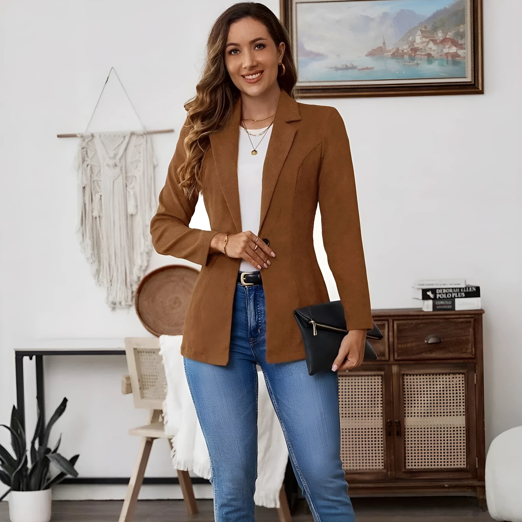 Brown men's lapel long sleeve single-breasted leisure suit coat hanging