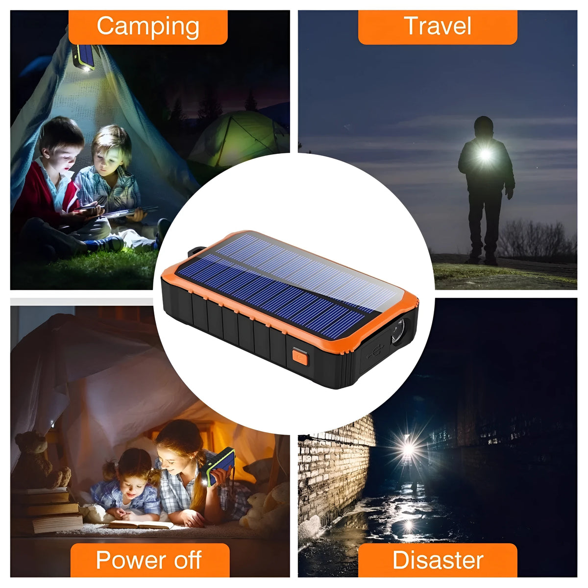 Orange and green hand-crank solar power bank with LED torch and dual USB ports showing 12000mAh capacity