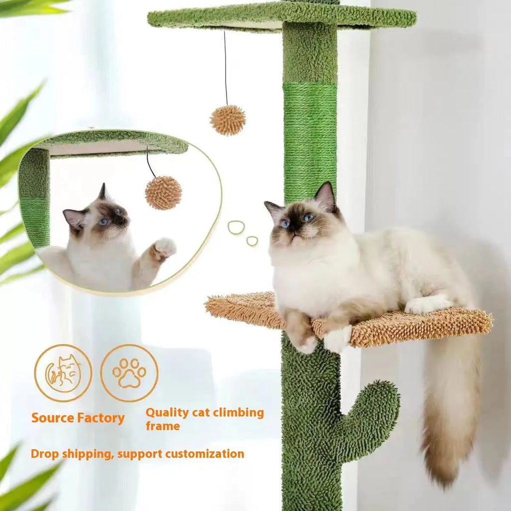 Solid wood cat climbing frame with integrated scratch board and cactus cat nest, dimensions 40x25x240cm