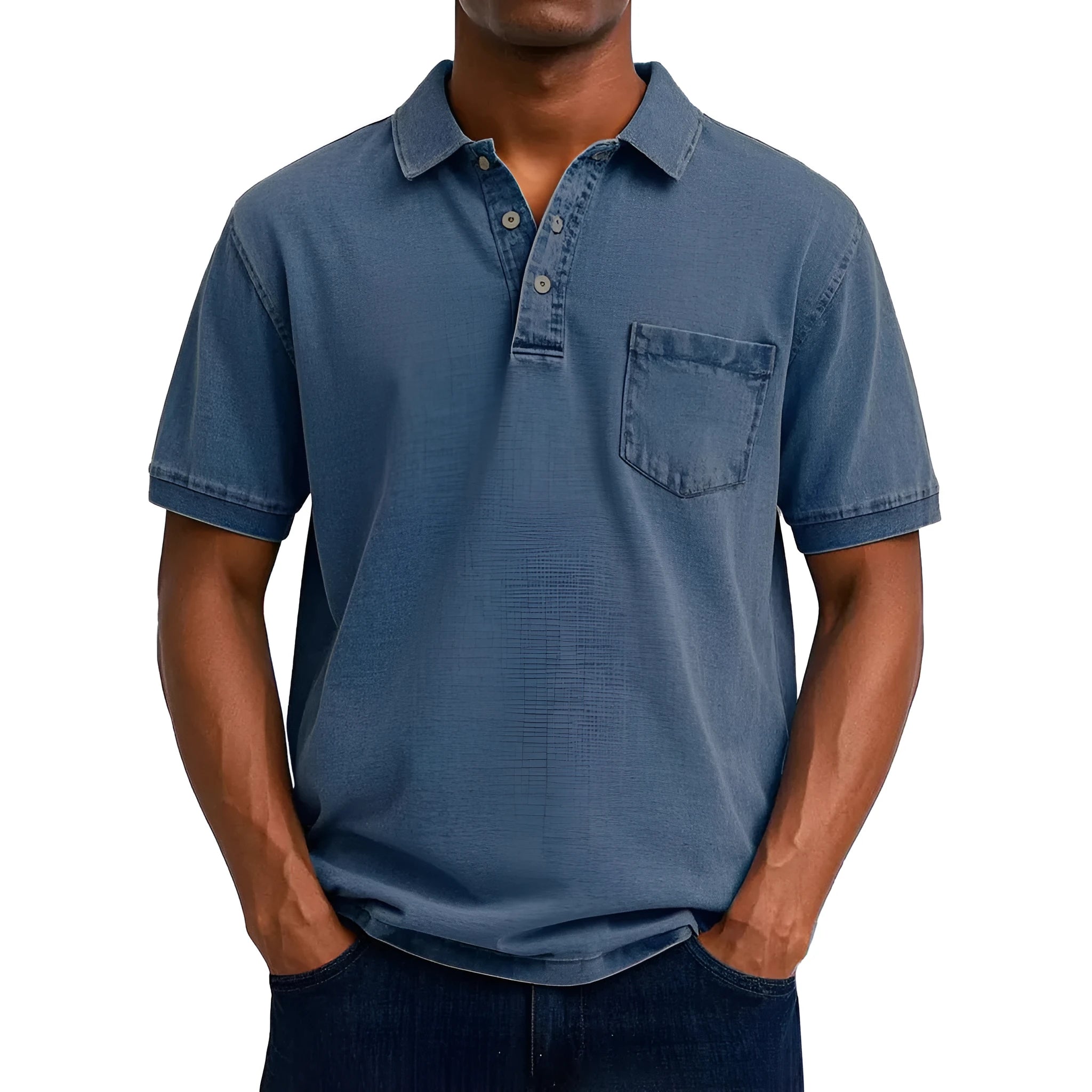 Plus size man wearing a printed short sleeve cardigan-style shirt in a slim Korean fit.