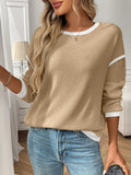 Women's loose fit round neck long sleeve pullover top in polyester knit fabric shown in multiple colour options.