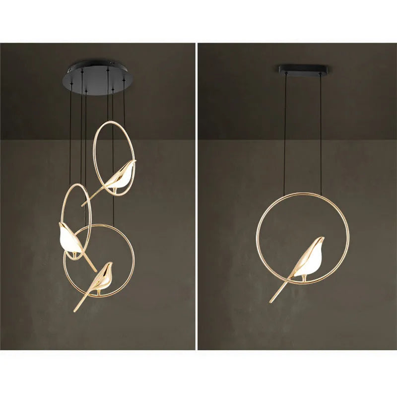 Modern minimalist magpie bird silhouette LED chandelier ceiling light fixture.