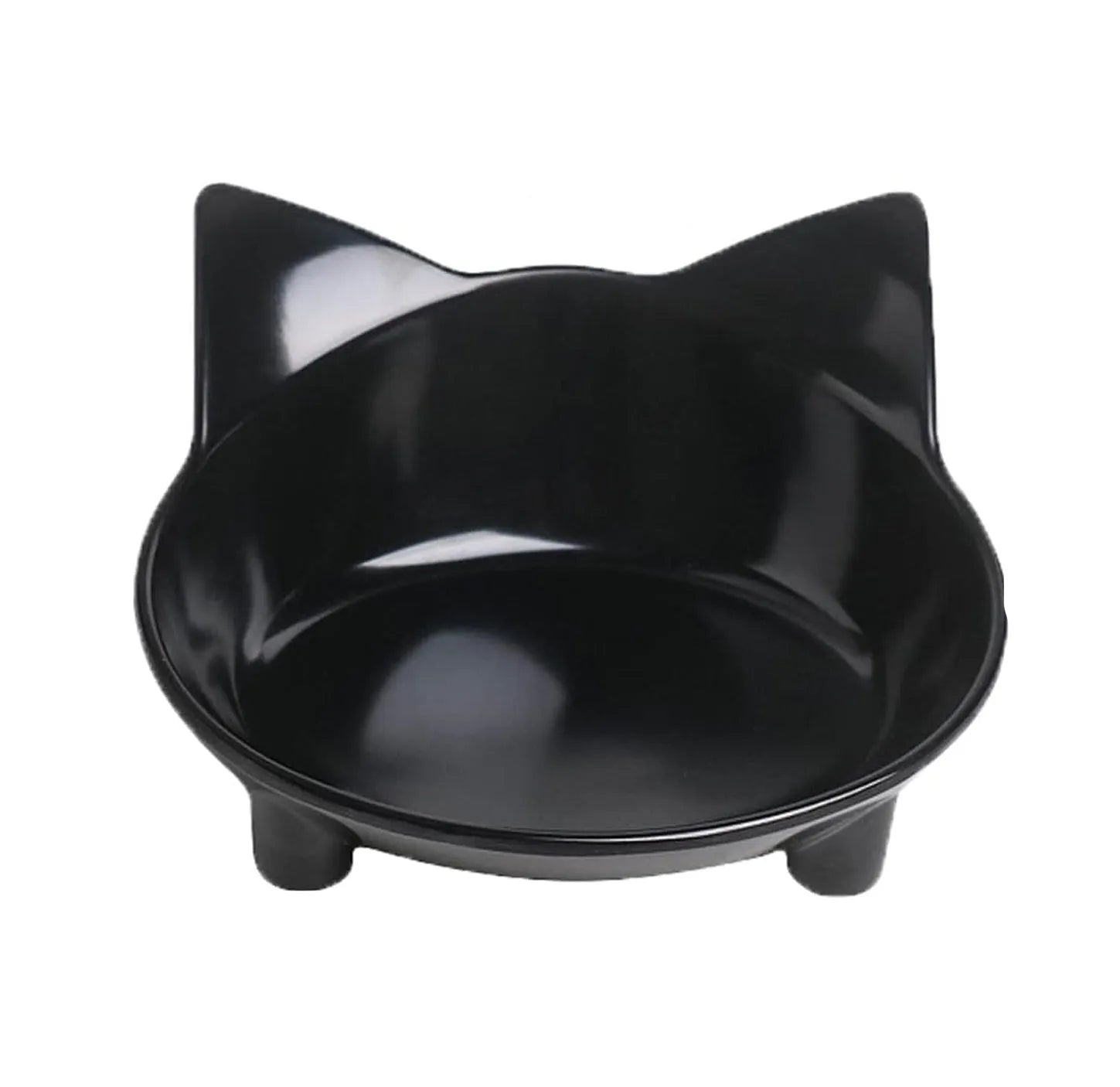 Shallow black melamine pet bowl with a non-slip rubber base for cats and small dogs.