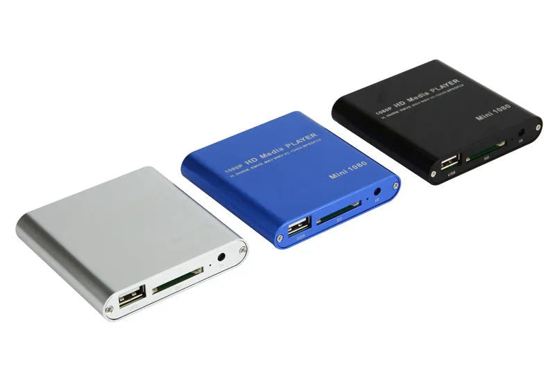 Compact black or blue 1080P Full HD media player with HDMI, SD, and USB ports