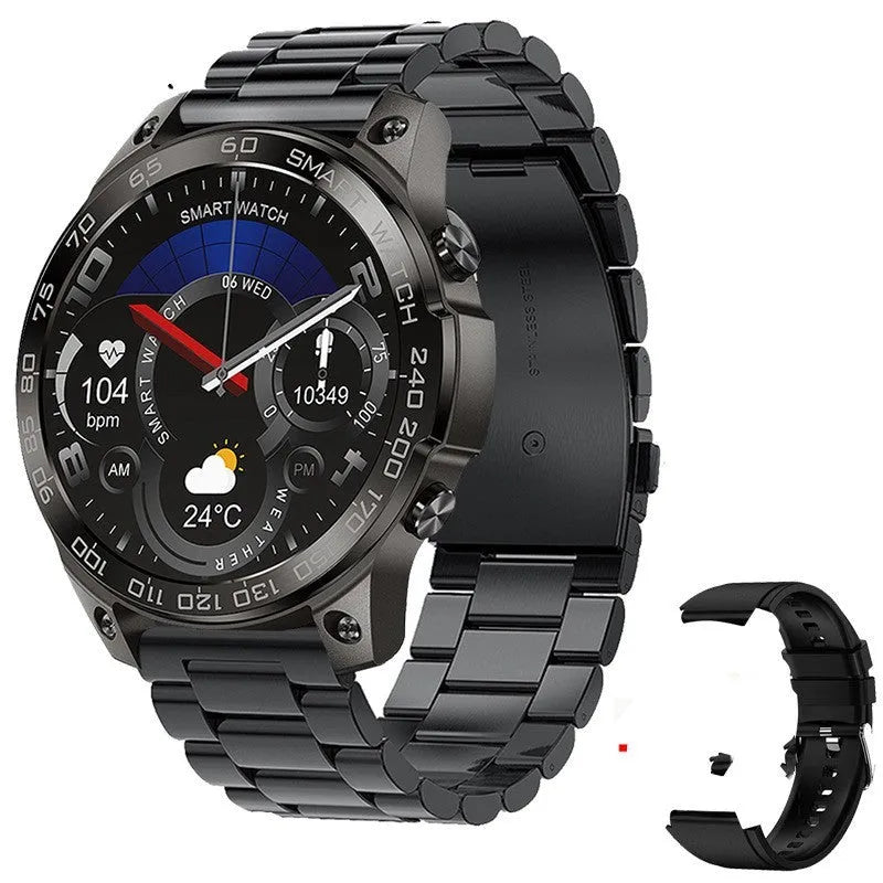 Bluetooth call sports watch with round AMOLED display on a silicone strap, showing health metrics.
