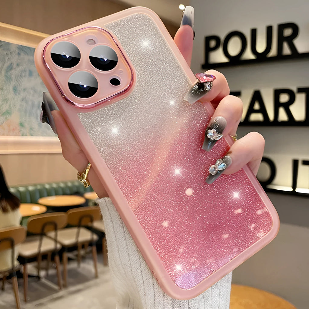 Ultra-thin transparent glitter iPhone case showing gradient colour and electroplating laser effects