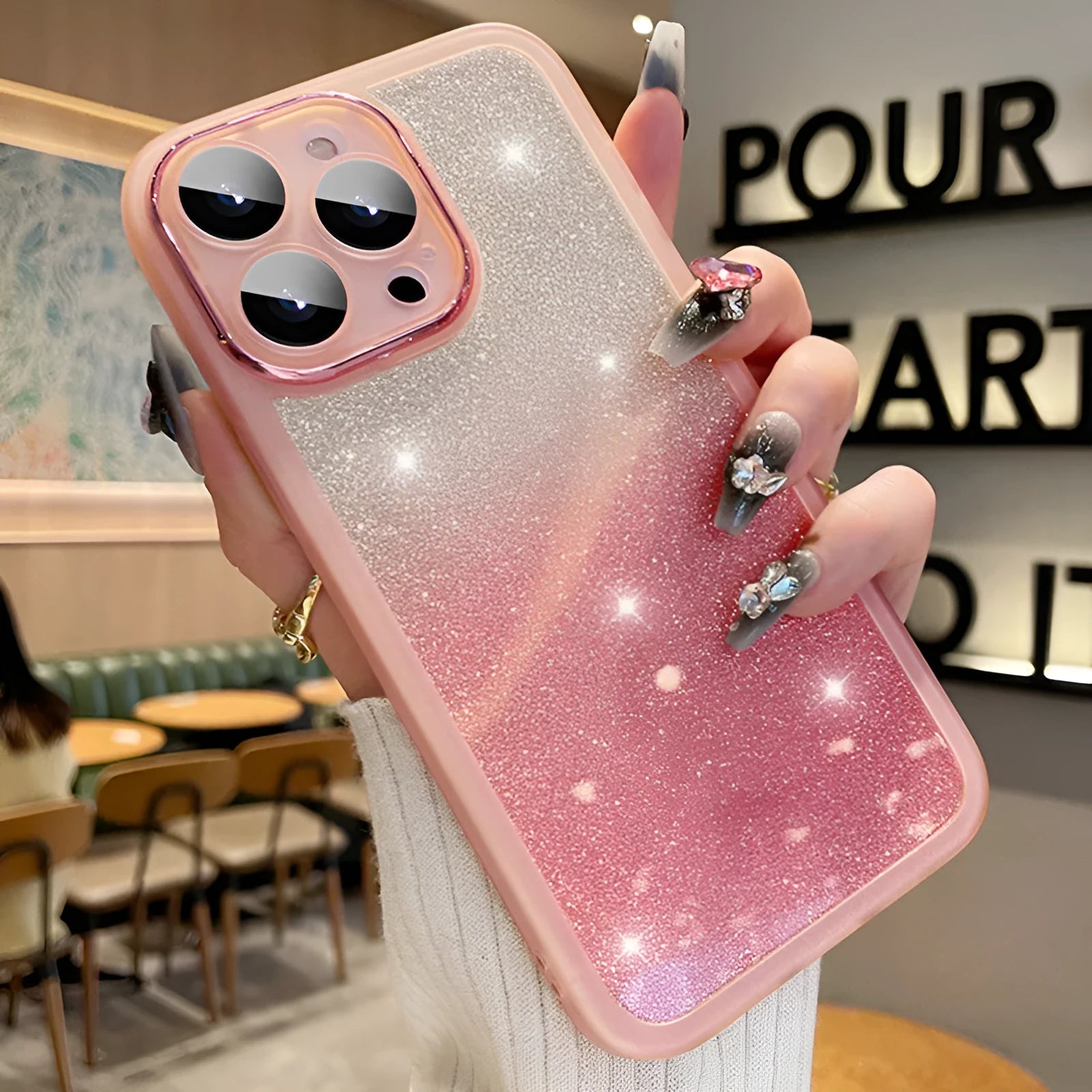 Ultra-thin transparent glitter iPhone case showing gradient colour and electroplating laser effects