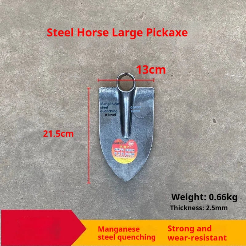 Steel horse pointed agricultural hoe with a flat blade and pointed tip for weeding and soil ripping.