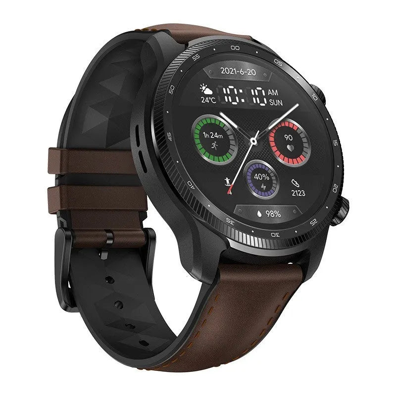 Ticwatch Pro X smartwatch with round display on a wrist, showing 4G connectivity and dual-screen interface.