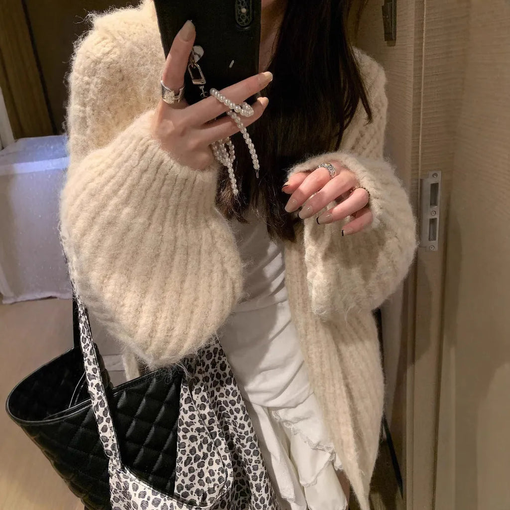 Retro Maillard hooded sweater cardigan for women in dark grey, brown or milky white solid colours