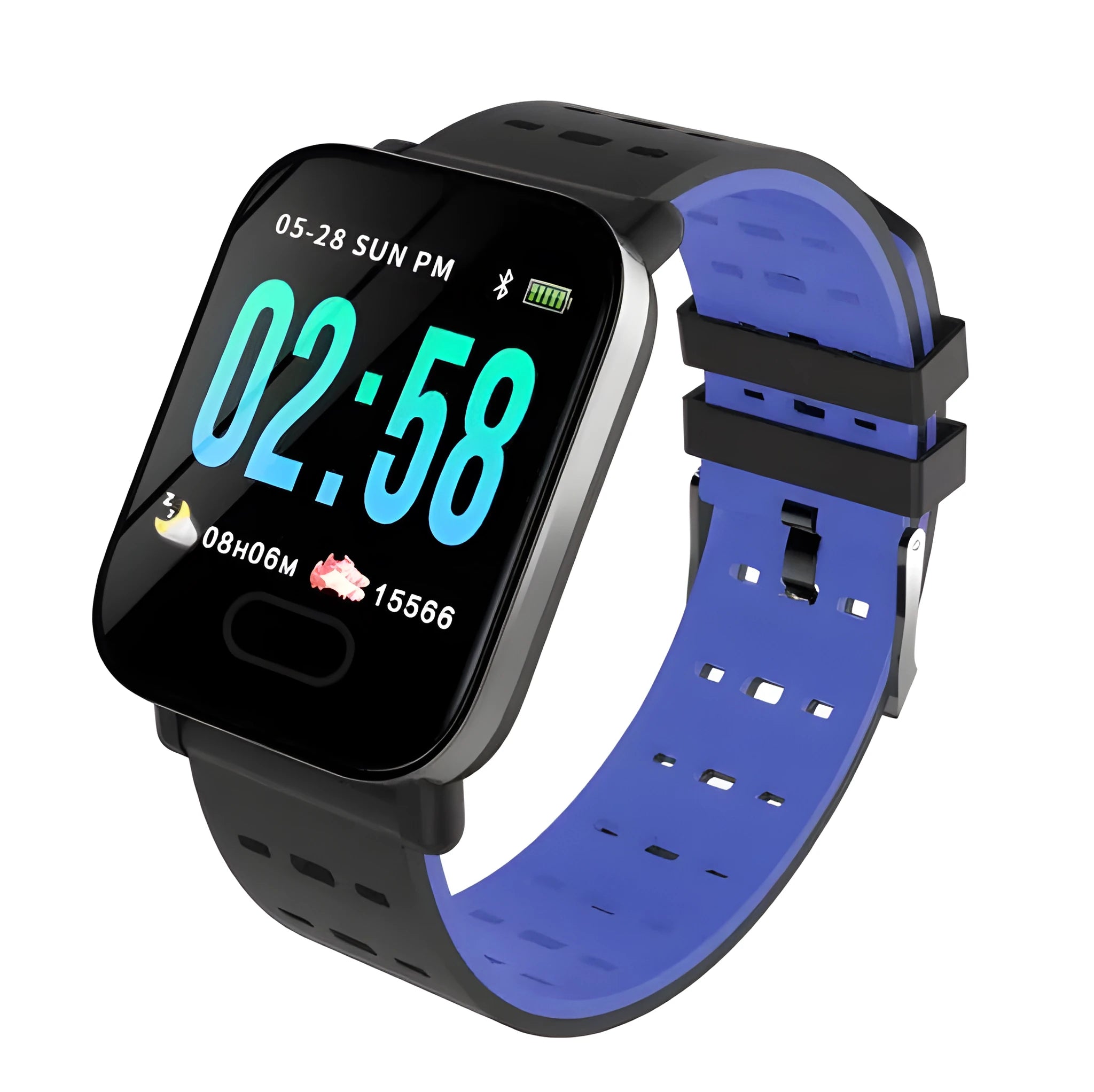 A6 smart fitness bracelet with colour screen shown on a wrist, available with black, blue, or orange silicone strap.
