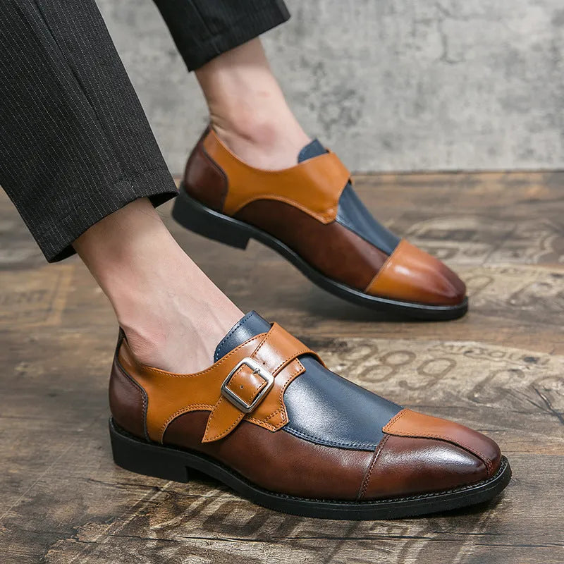Men's British retro buckle casual shoes in black and brown blue with tall crown design