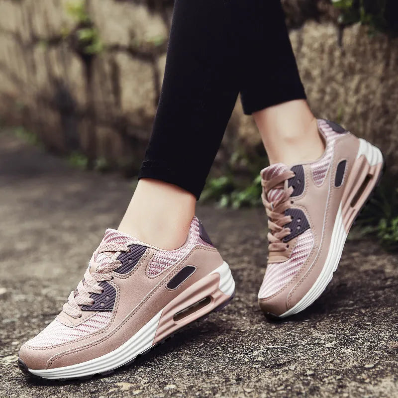 Women's low-heel casual shoes in beige orange, grey, or pink purple, showing a 3.5 cm heel.