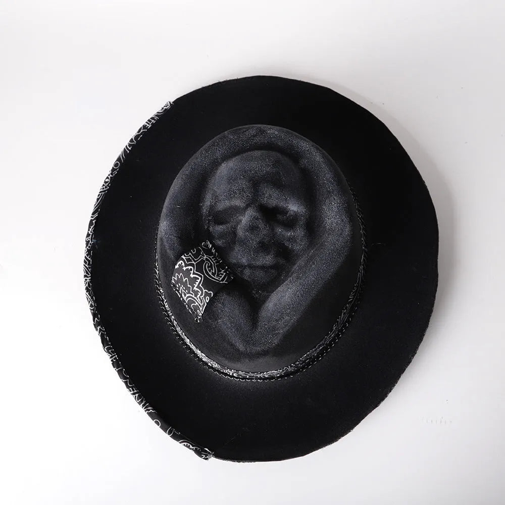 Handmade wool felt denim skull hat with conical crown and skull print design for Halloween costumes