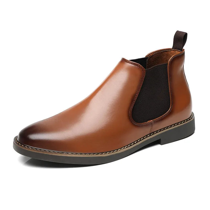 Men's black formal leather boots with pointed toe design and square heel on wooden floor