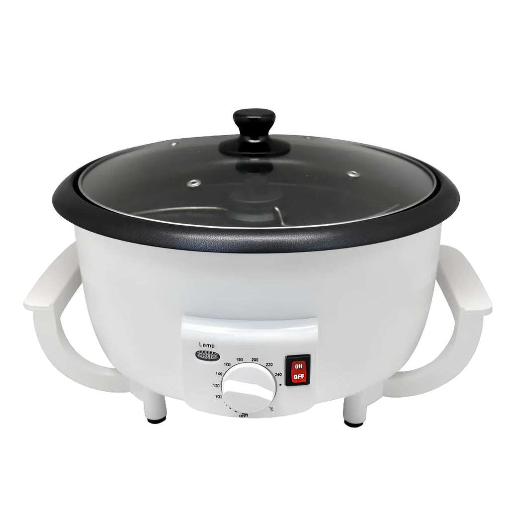 White oblate coffee bean roasting machine with 750g capacity and 225mm base