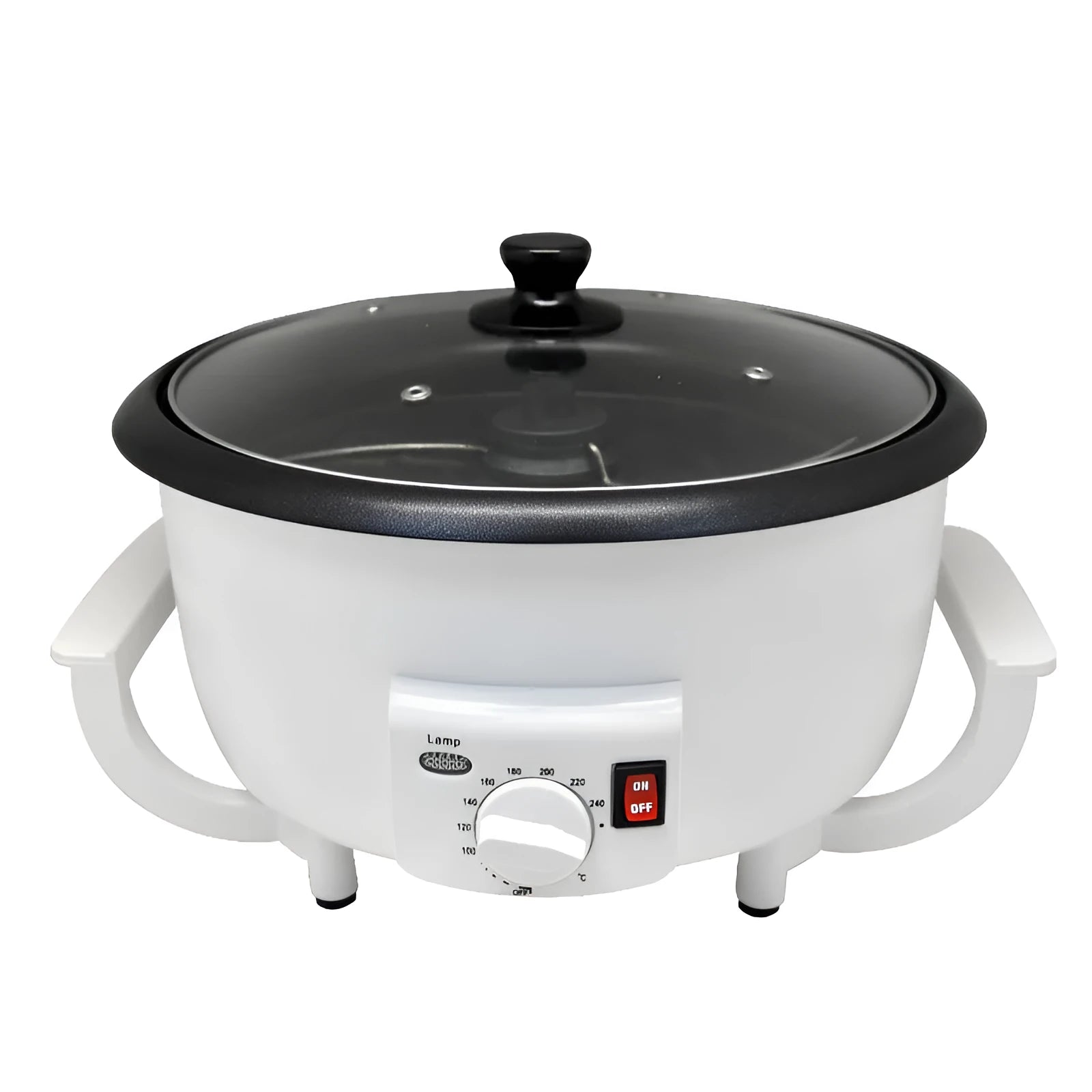 White oblate coffee bean roasting machine with 750g capacity and 225mm base
