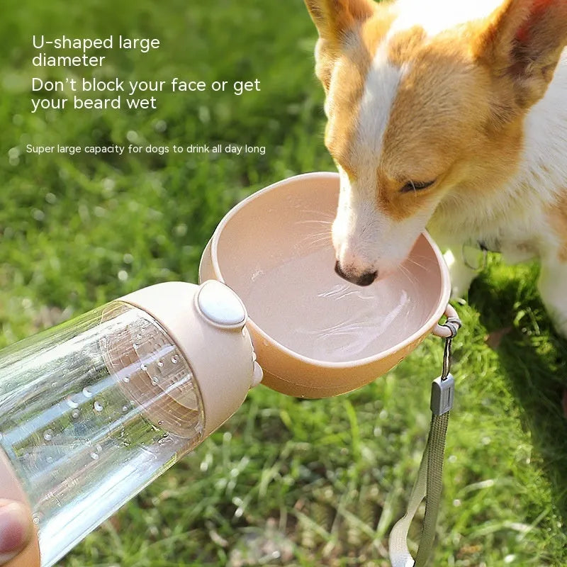 Portable dog water bottle and feeder in brown colour with attached food container.