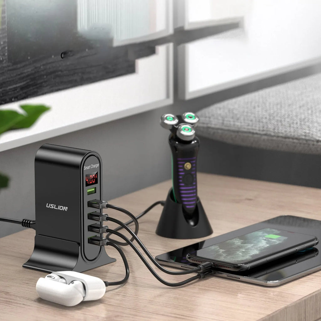 Smart LED digital display charger showing voltage readings with USB port and optional plug styles