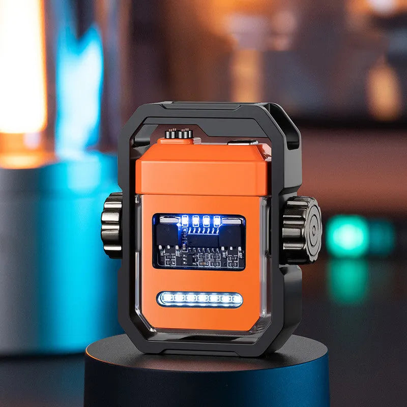 Blue zinc alloy windproof electric arc lighter unfolded, showing the double arc and mechanical gyroscope design.