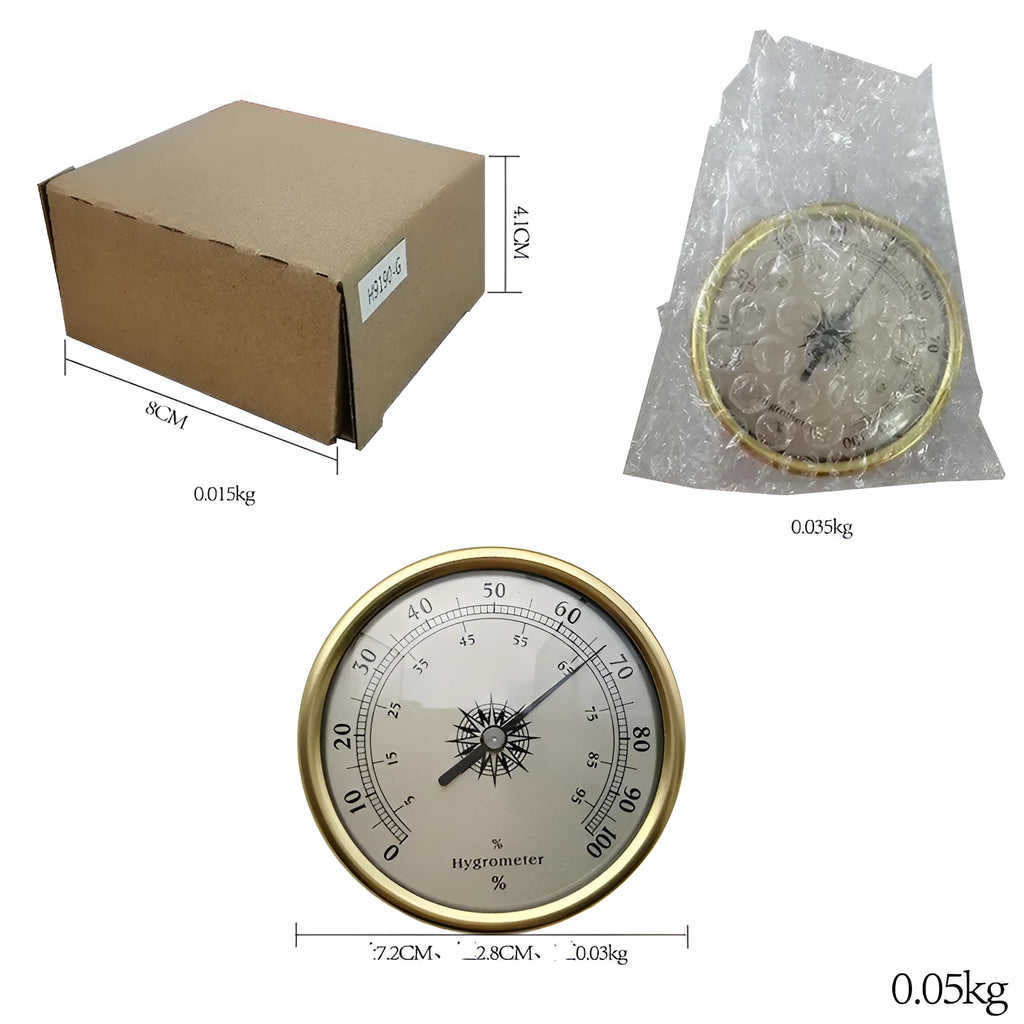 Circular aluminium analogue thermometer and hygrometer showing humidity and temperature dials