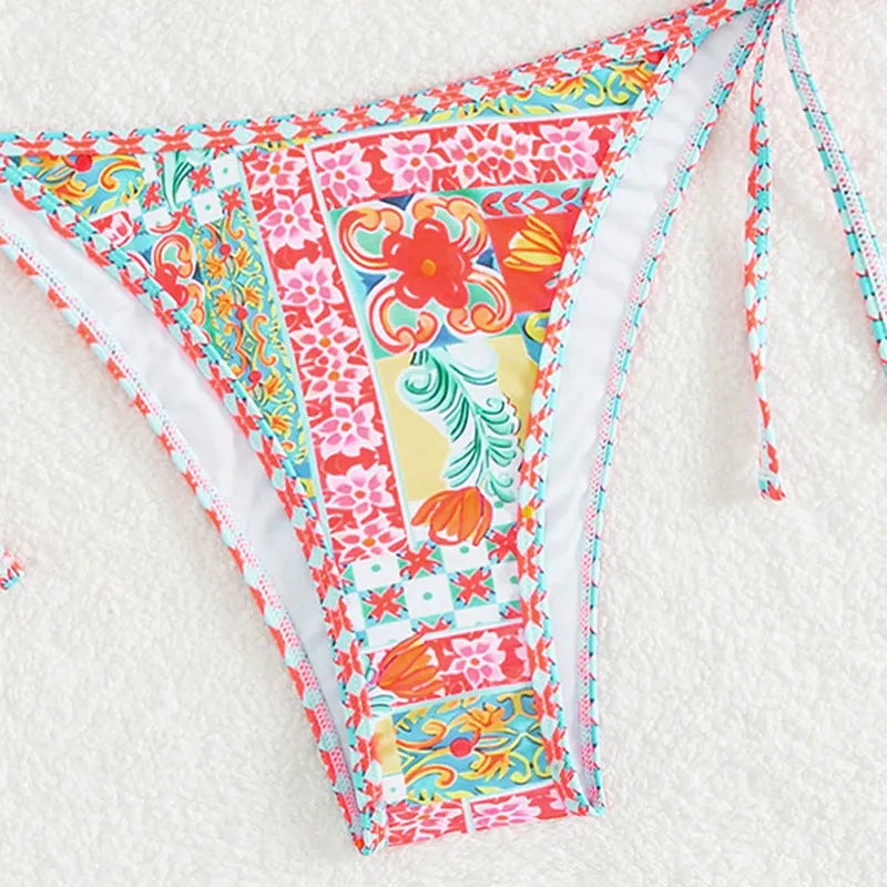 Women's lace-up split swimsuit with backless design in picture colour, shown as bikini set